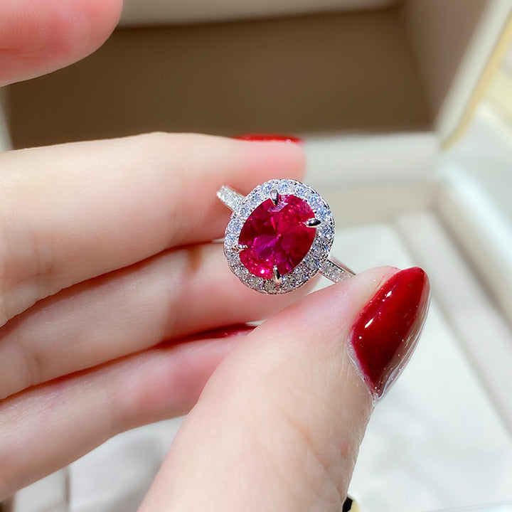 Oval Cut Gemstone Halo Ring, Elegant Red Stone Statement Ring, Timeless Jewelry for Women