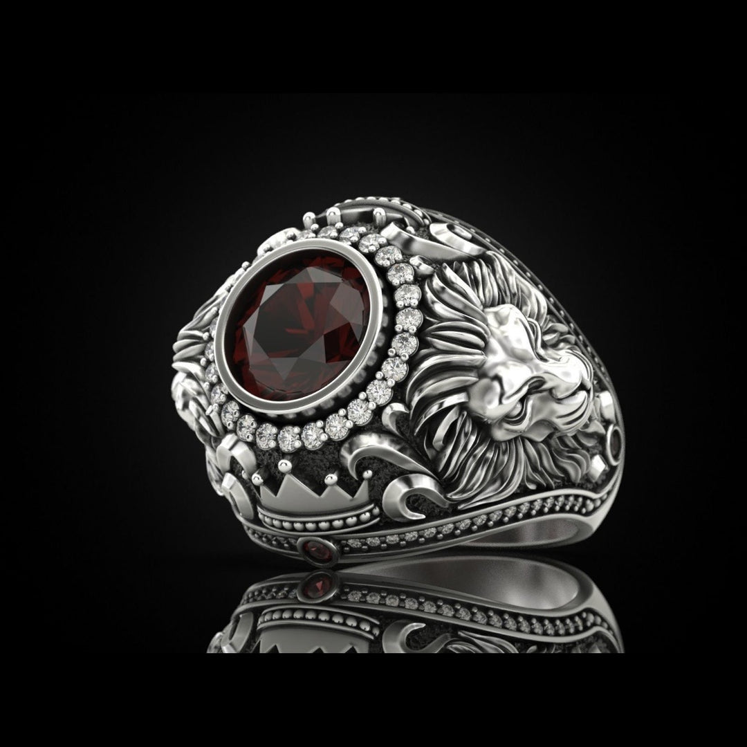 S925 &amp; 14K Lion‑Carved Gemstone Men’s Ring, Meaningful Gift For Him