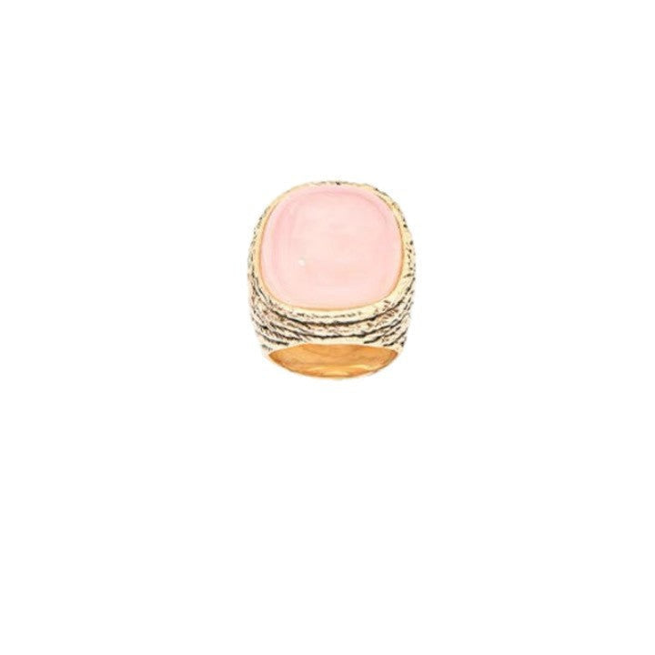 Textured 18K Gold Natural Stone Signet Ring, 3 Gem Tone Vintage Wide Band Statement Ring