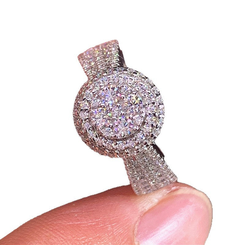 Double Halo Diamond Wide Band Statement Ring, Full Pave Shiny Women’s Fashion Ring
