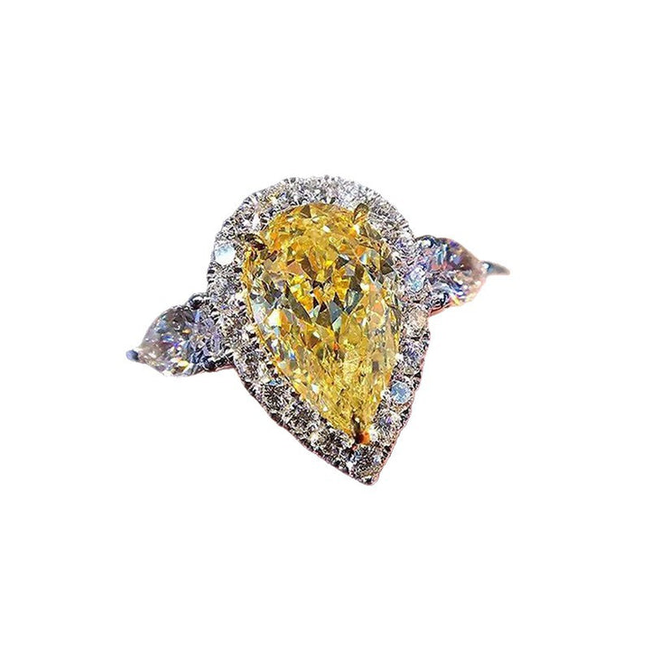 Pear‑Cut Yellow Diamond Halo Ring, Elegant Three‑Stone Women’s Ring
