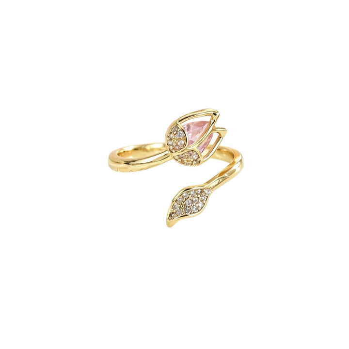 Tulip Flower Open Adjustable Ring, Elegant Teardrop Stone Floral Statement Ring for Women
