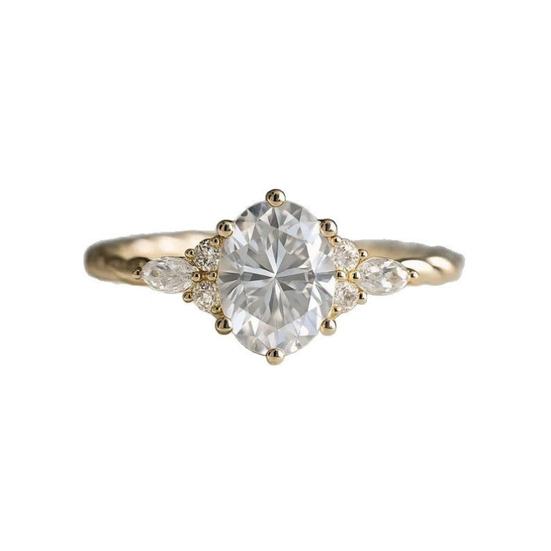 Oval Diamond Three-Stone Twisted Vine Yellow Gold Engagement Ring, Dainty Marquise Cluster Floral Promise Ring