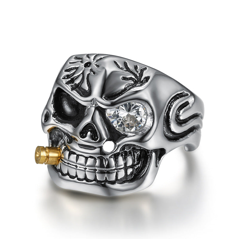 Retro Punk Bold Skull Ring with Diamond Eye, Distressed Gothic Biker Men's Statement Jewelry