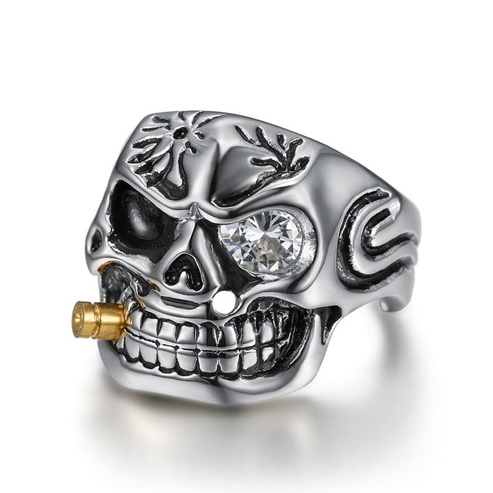 Retro Punk Bold Skull Ring with Diamond Eye, Distressed Gothic Biker Men's Statement Jewelry