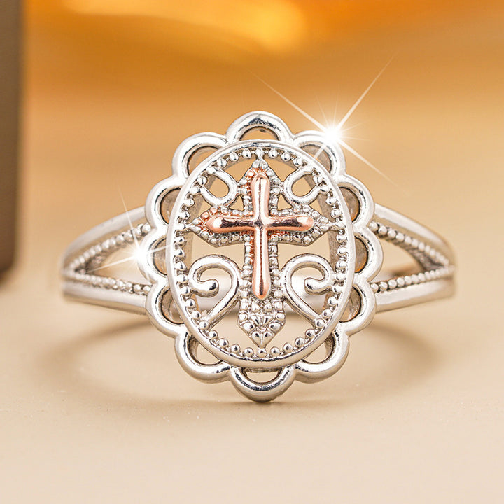 Vintage Hollow Cross Statement Ring, Elegant Two Tone Design For Women Daily Wear Gift