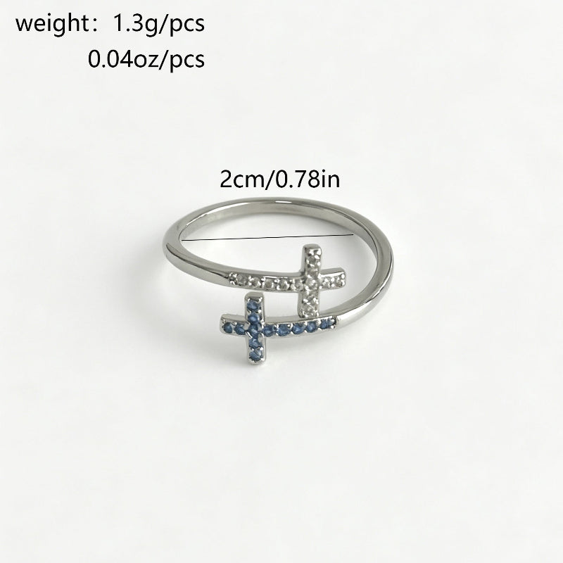 Dual Cross Pave Diamond Open Adjustable Ring, Silver Minimal Stackable Statement Band