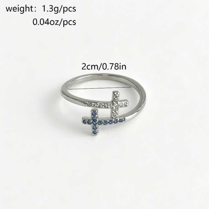 Dual Cross Pave Diamond Open Adjustable Ring, Silver Minimal Stackable Statement Band