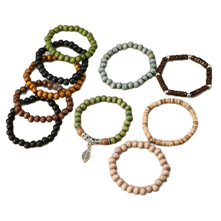 Boho Multi‑Layer Wooden Bead Stackable Bracelet Sets, Vintage Ethnic Mixed‑Media Statement Wrist Jewelry