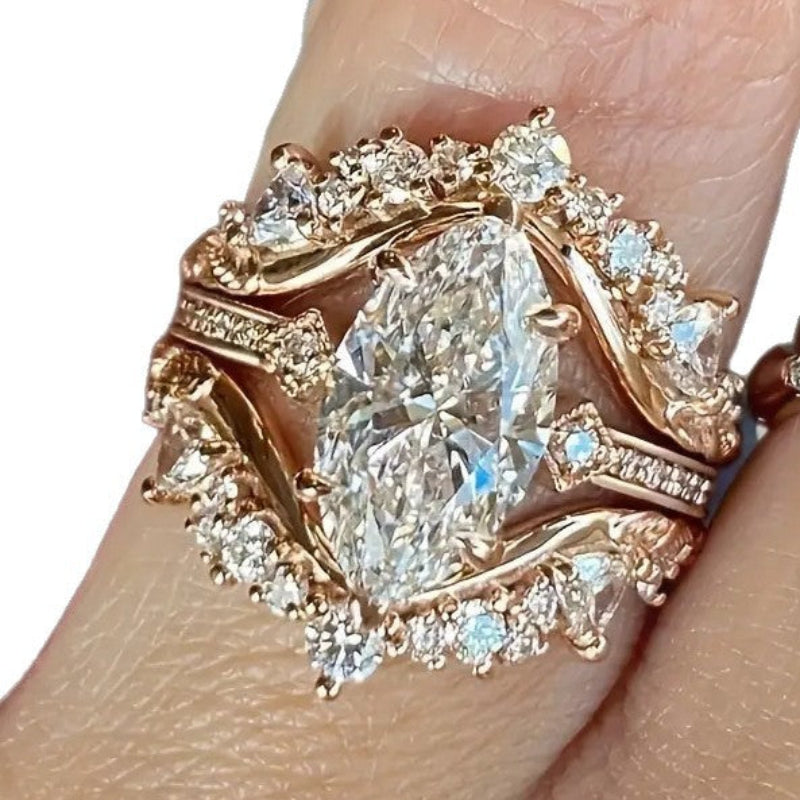 Marquise Cut Diamond Ring Set, 14K Gold Vintage Floral Stacking Bridal Ring