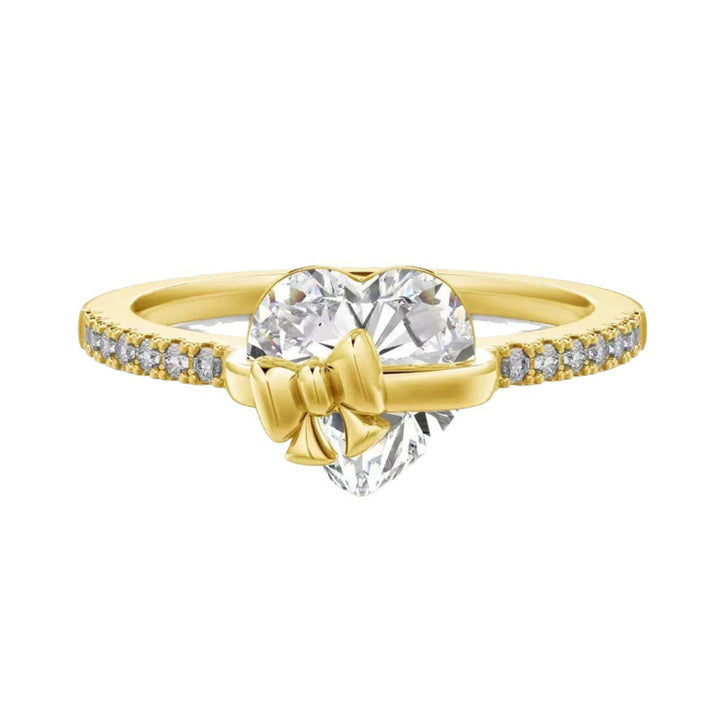 3D Heart Bow Diamond Pave Band Gold Promise Ring, Coquette Romantic Love For Women