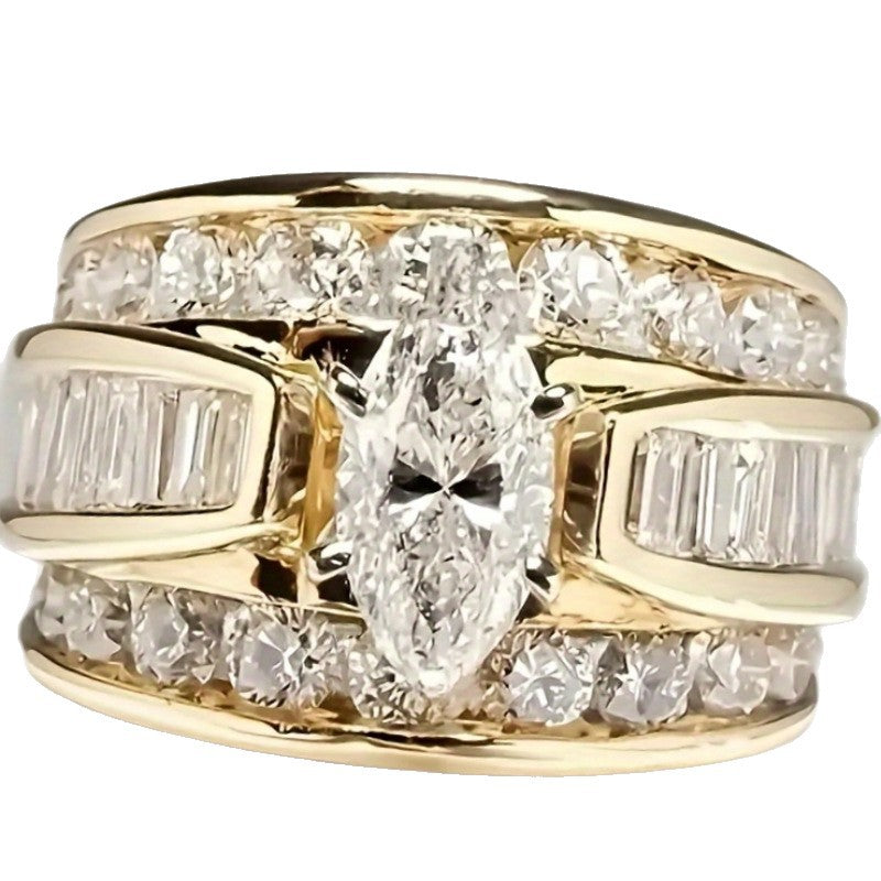 Marquise Cut Wide Band Ring, Multi-layer Paved Sparkling Statement Ring for Women