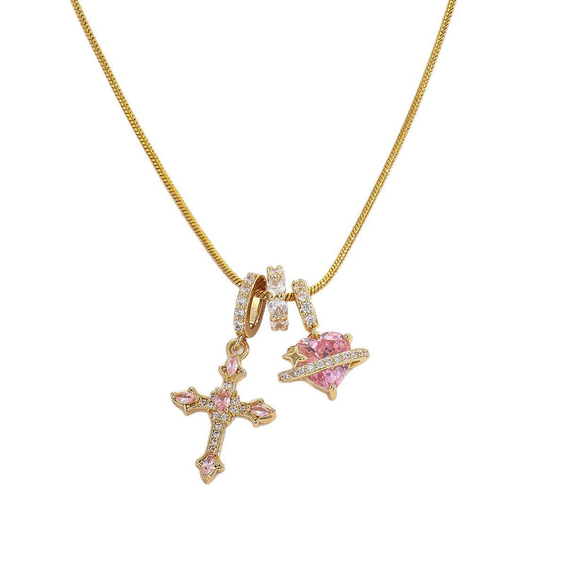 Y2K Pink Diamond Cross &amp; Heart Charm Snake Chain Necklace, Removable Multi‑Pendant Necklace
