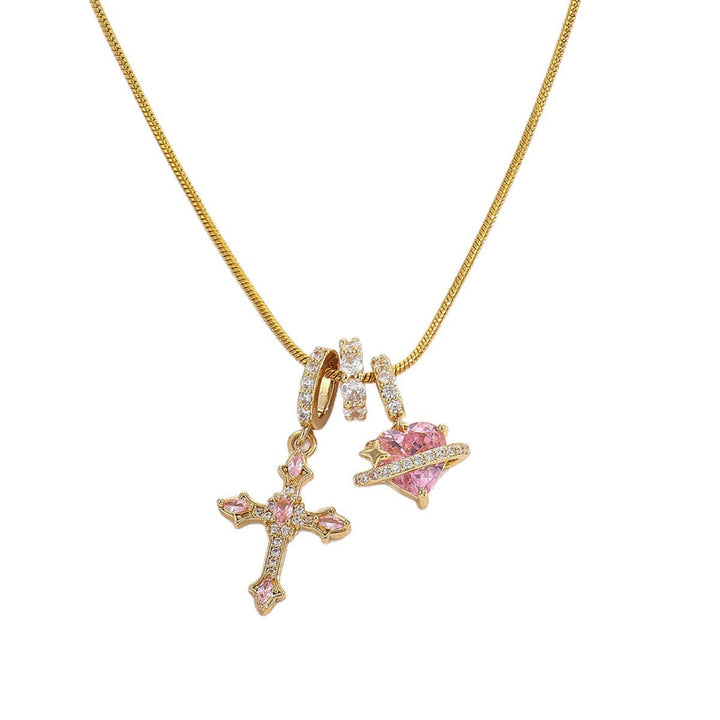 Y2K Pink Diamond Cross &amp; Heart Charm Snake Chain Necklace, Removable Multi‑Pendant Necklace