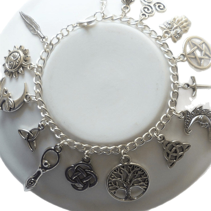 Multi Charm Toggle Clasp Silver Charm Bracelet, Tree Of Life Triple Moon Triquetra Pentacle Vintage Gothic Jewelry