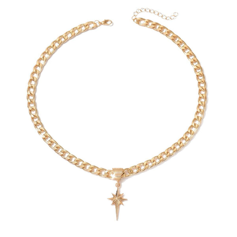 North Star Pendant Curb Chain Necklace, Minimalist Y2K Street Stackable Women Statement Jewelry