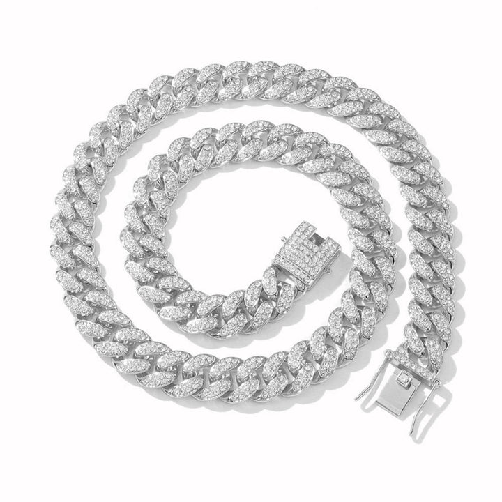 15mm Iced‑Out Diamond Cuban Link Chain Set, Hip Hop Style Necklace and Bracelet for Trendy Men