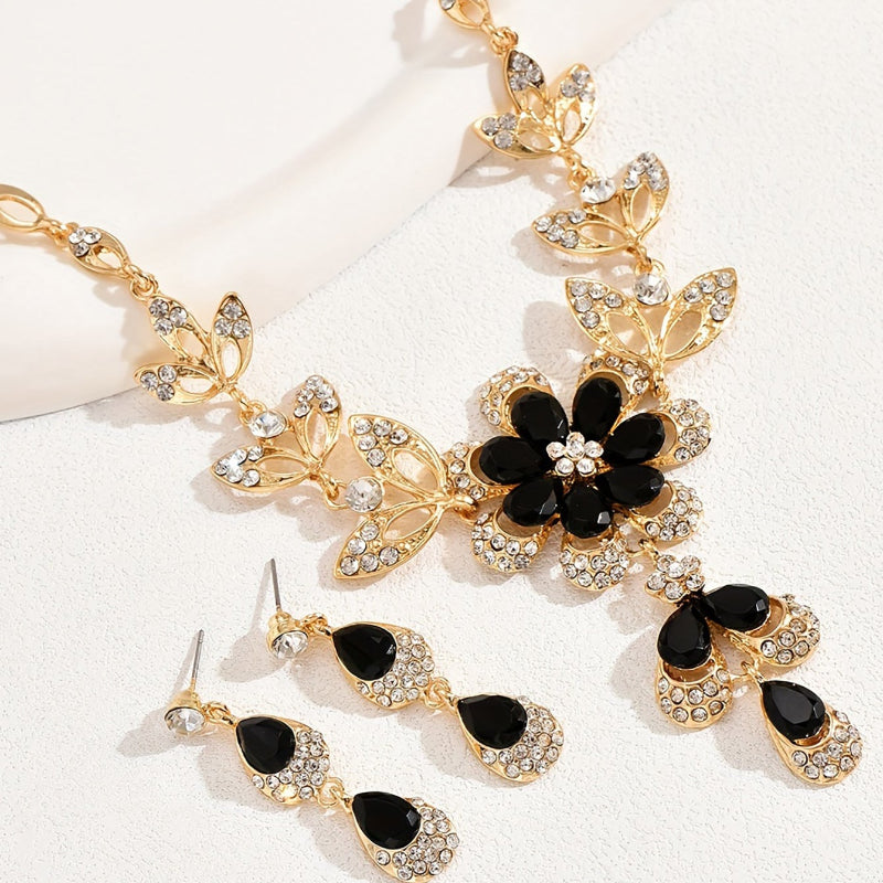 Black Floral Diamonds Bib Jewelry Set, Diamonds Necklace & Drop Earrings For Women