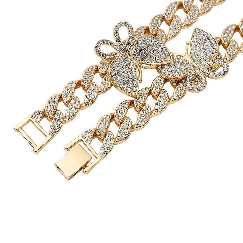 Sparkling Diamond Cuban Necklace, Sweet and Cool Butterfly Jewelry, Bip-Hop Cuban Necklace