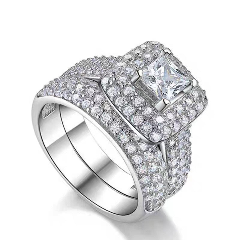 Square Double Halo Stackable Ring Set, Full Pave Eternity Matching Bridal Band Kit