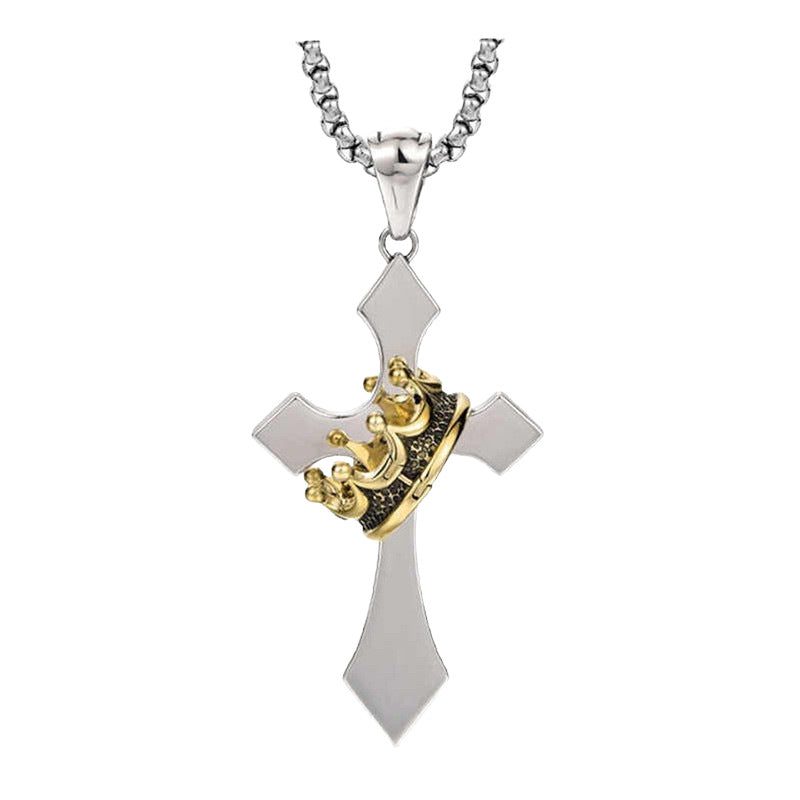 Rotating Crown and Cross Pendant Necklace; Vintage-Style, Non-Fading Clavicle Chain for Men