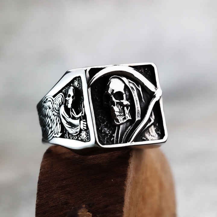 Vintage Grim Reaper Skull 3D Carved Wide Band Men's Statement Ring, Punk Hip Hop Death Skull Ring