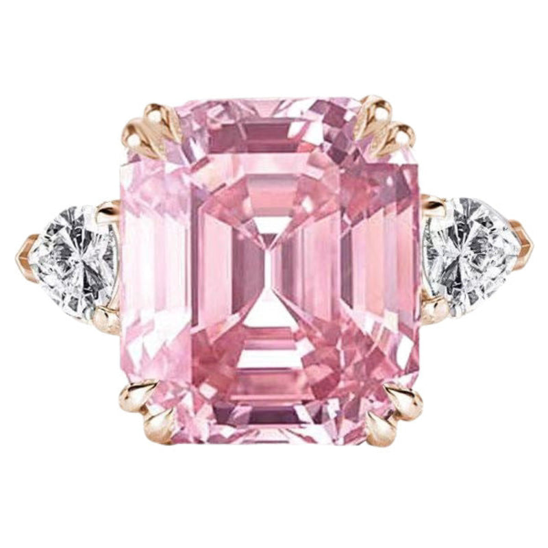 Emerald Cut Pink Gem Rose Gold Solitaire Ring, Side Teardrop Diamond Accent Band