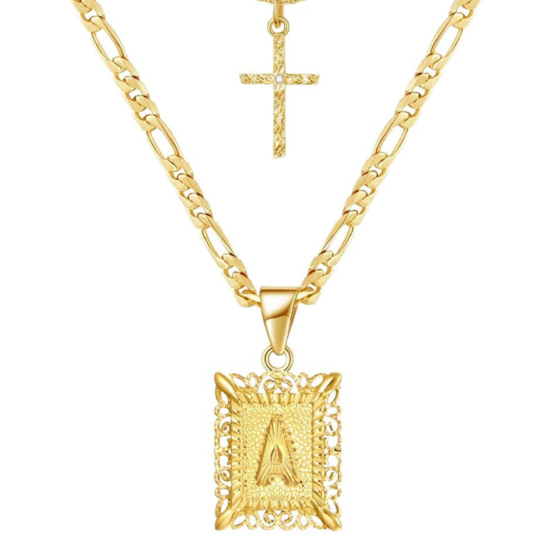 27 Vintage Filigree Square Initial Pendant Necklace, 14K Cross Chain Faith Necklace