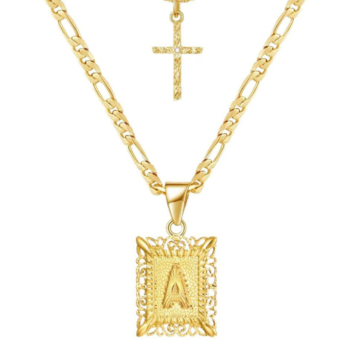 27 Vintage Filigree Square Initial Pendant Necklace, 14K Cross Chain Faith Necklace
