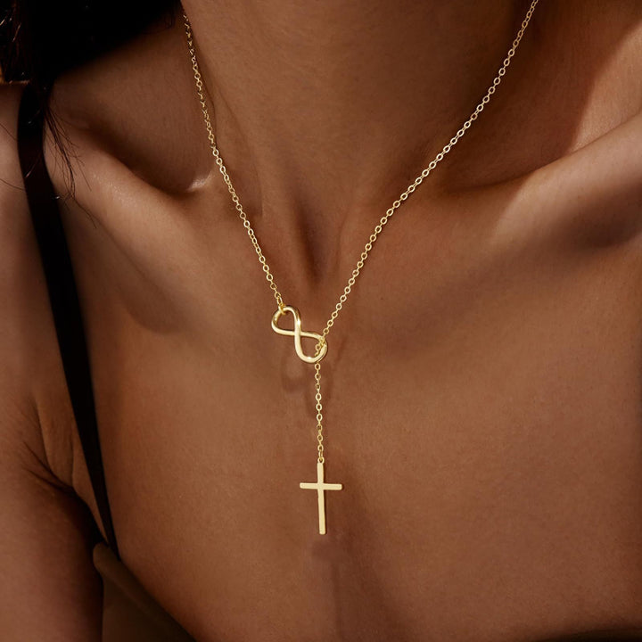 Infinity Y‑Drop Cross Necklace, Dainty Lariat Necklace With Paved Diamond Cross Pendant