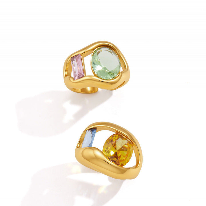 Two-Tone Geometric Diamond Open Ring, 18K Gold Abstract Irregular Statement Band