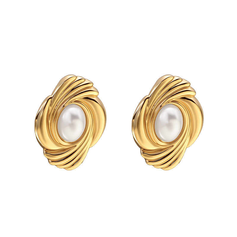 18K Gold Swirl Pearl Stud Earrings, Abstract Twisted Minimalist Earrings
