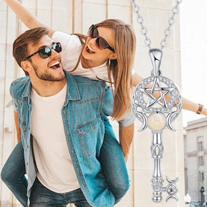 Pentagram Moon Opal Key Necklace, Sophisticated Collarbone Necklace For Women