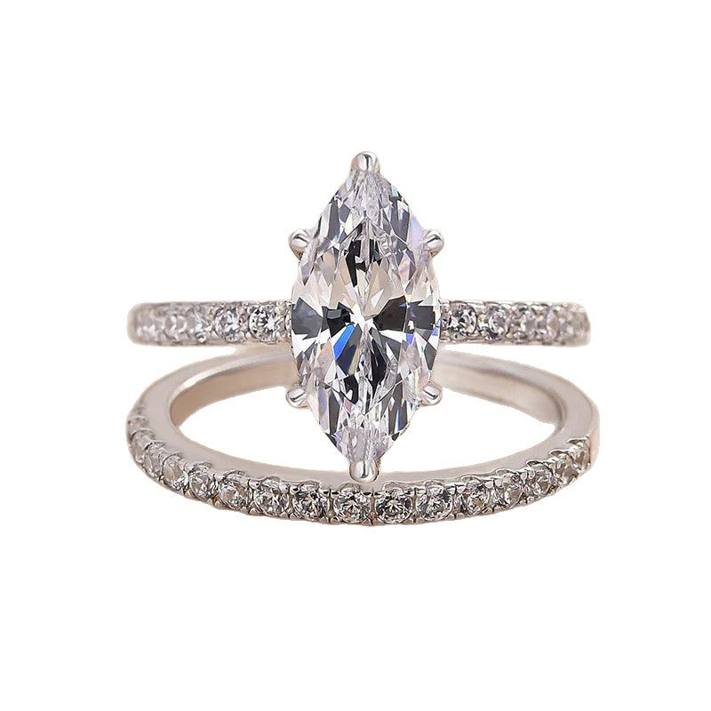 Marquise Diamond Dual Row Pave Bridal Ring Set, Silver Stackable Wedding Duo