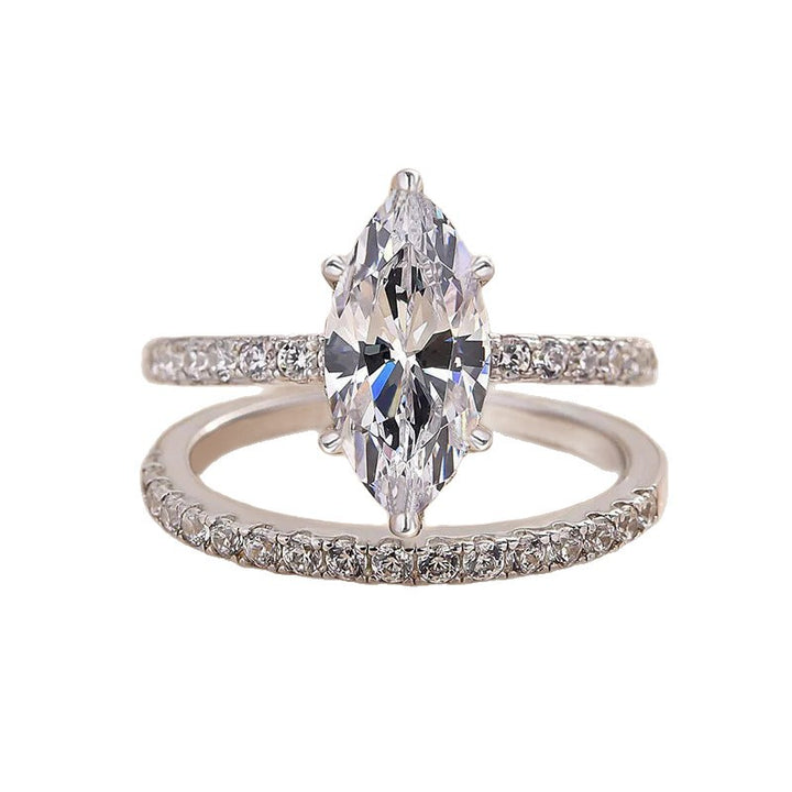 Marquise Diamond Dual Row Pave Bridal Ring Set, Silver Stackable Wedding Duo