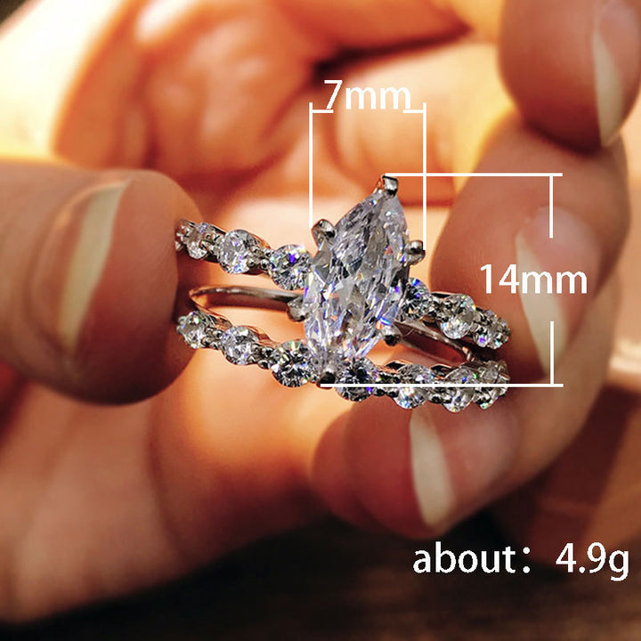 Marquise Diamond Double Row Pave Bridal Ring Set, Split-Shank Stackable Wedding Duo