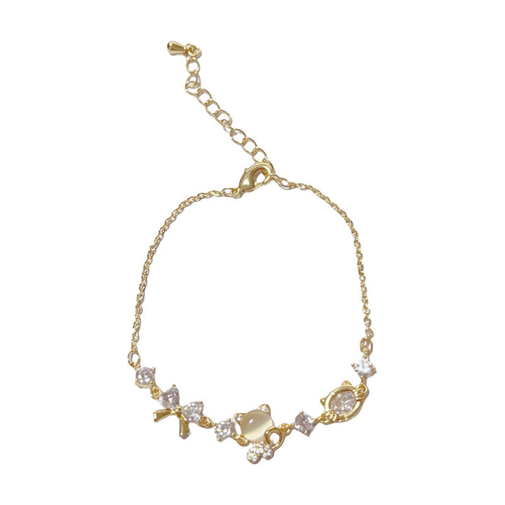 Cute Cat & Bow Diamond Chain Bracelet, Adjustable Dainty Wrist Jewelry in Gold & Silver Tone for Women