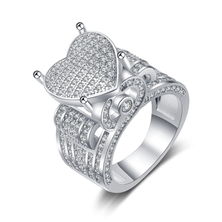 Micro-setting Diamond Heart Split Shank Statement Ring, Bold Luxury Romantic Fine Jewelry