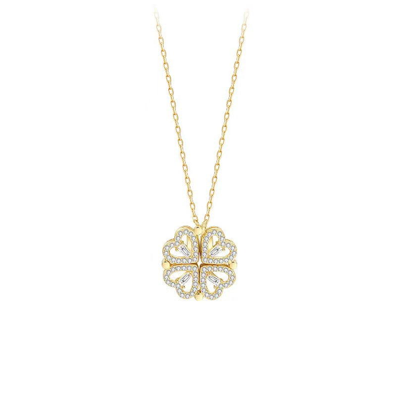 2-in-1 Convertible Clover Double Layer Heart Diamonds Necklace 2-Tone For Women