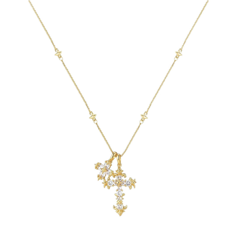 Dual Ornate Diamond Cross Pendant Necklace, 2 Tone Vintage Layering Faith Fine Jewelry