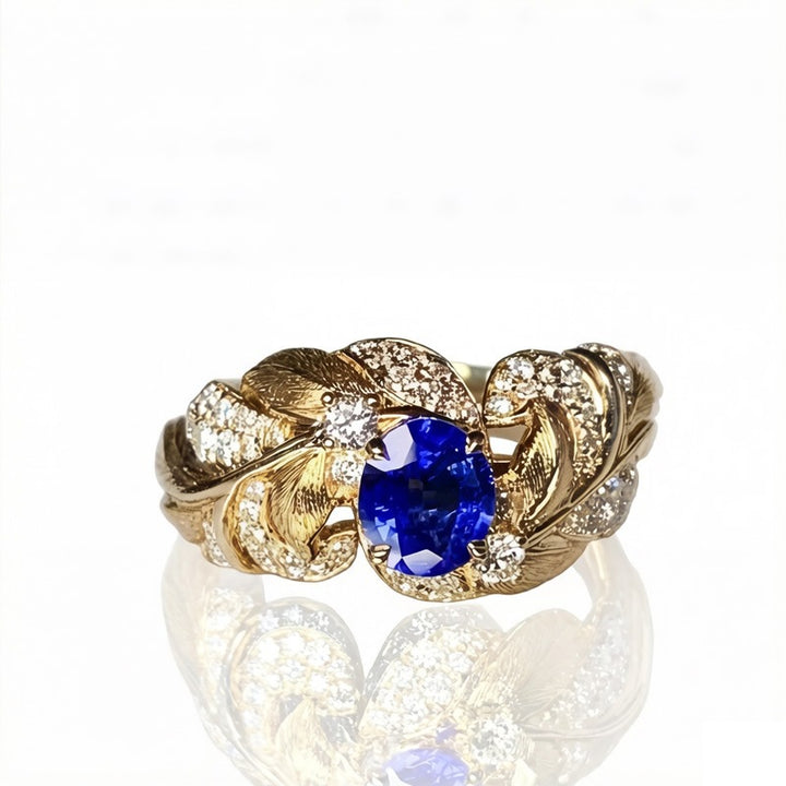 Vintage Leaf Oval Blue Gemstone Ring, Adjustable Open Statement Ring for Women