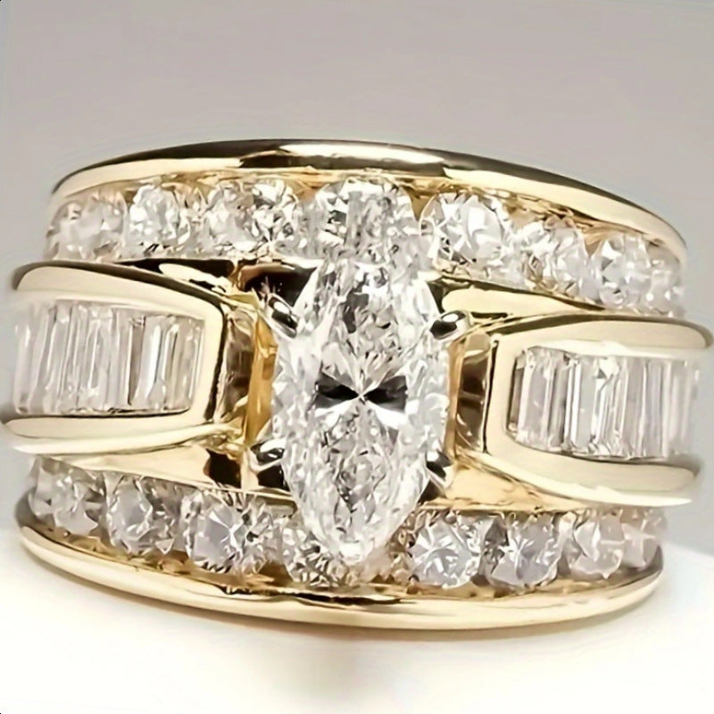 Marquise Cut Wide Band Ring, Multi-layer Paved Sparkling Statement Ring for Women