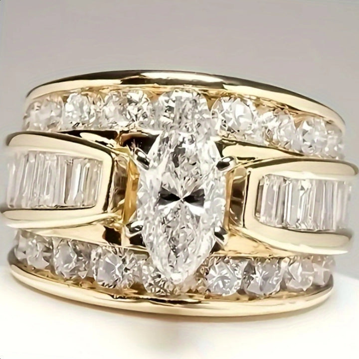 Marquise Cut Wide Band Ring, Multi-layer Paved Sparkling Statement Ring for Women