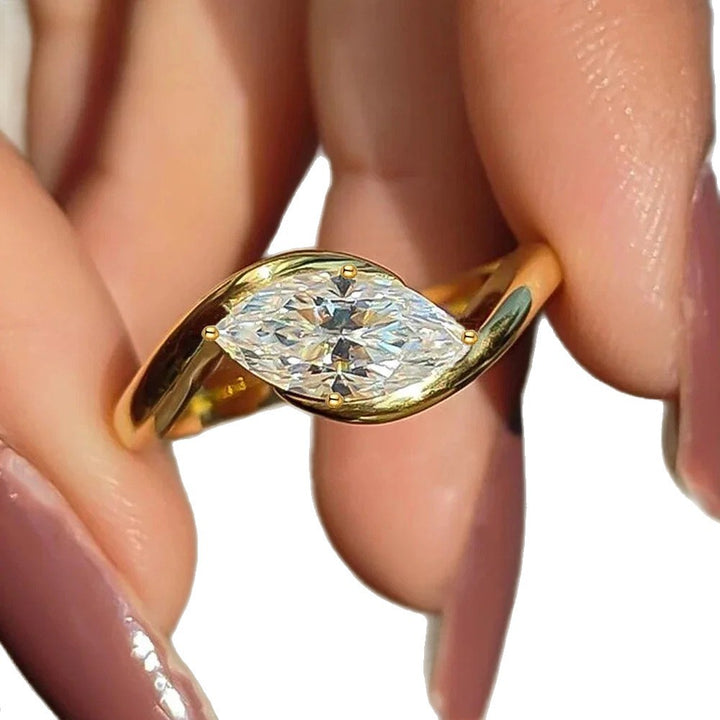 French Style Marquise Cut Diamond Ring, Twisted Band Design, Elegant Statement Ring for Women