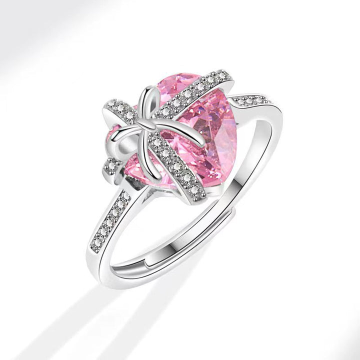 Bow‑Wrapped Heart‑Shaped Gem & Diamond Ring, Dainty Gift‑Inspired Statement Adjustable Opening Ring for Women