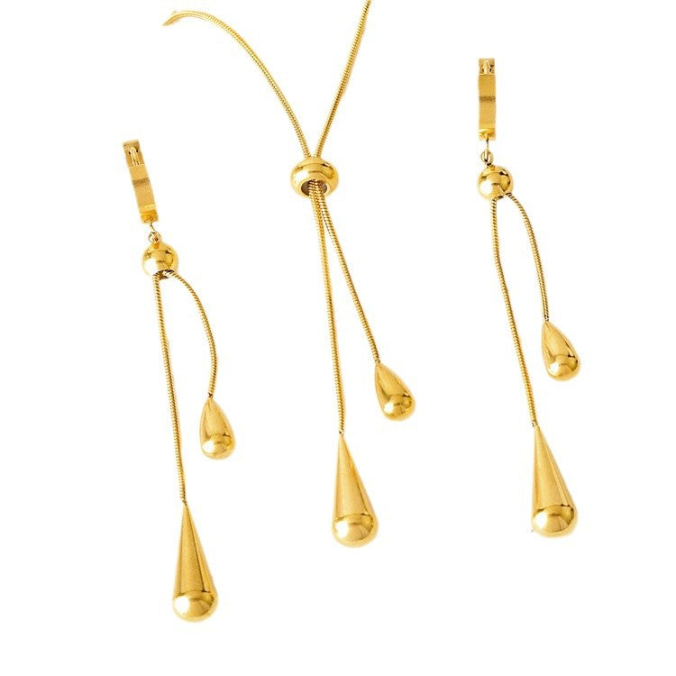 Teardrop Lariat Necklace & Huggie Drop Earring, 18K Gold Silver Minimal Water Drop