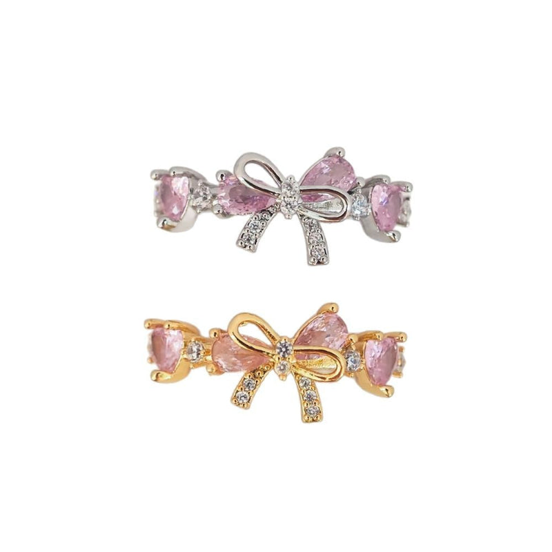 Dainty Pink Heart Diamond Bow Diamond Band Ring, Adjustable Opening Women Promise Ring