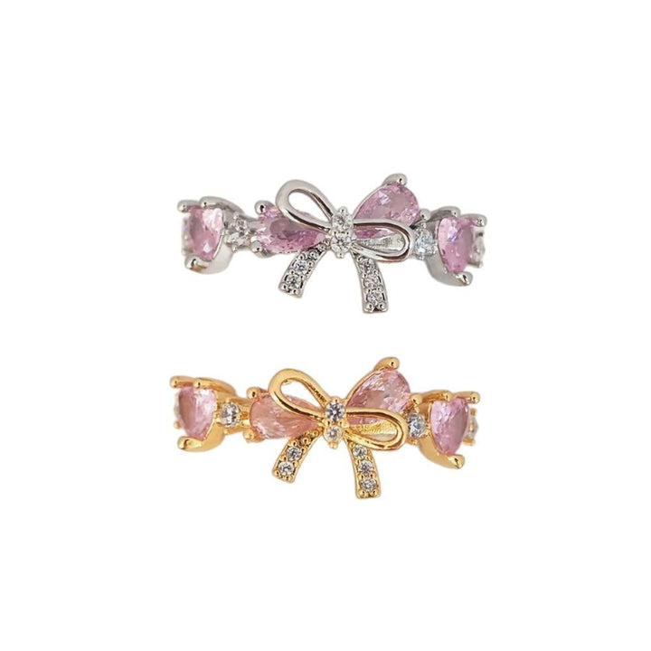 Dainty Pink Heart Diamond Bow Diamond Band Ring, Adjustable Opening Women Promise Ring