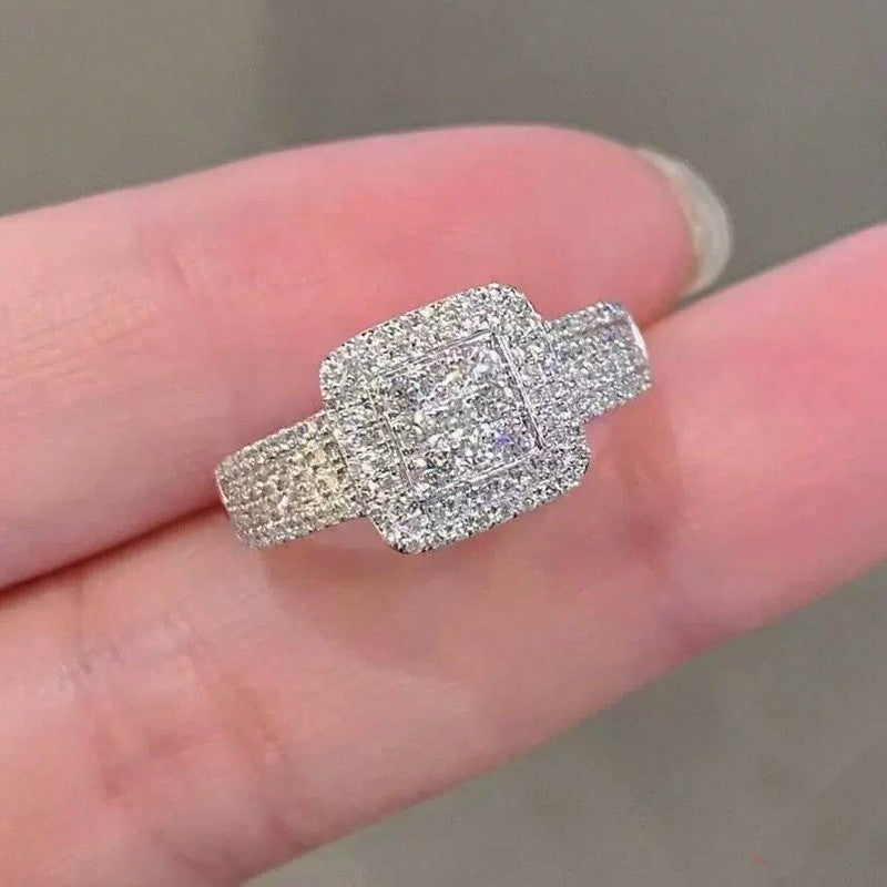 Square Double Halo Pave Diamond Statement Ring, Luxury Cocktail Engagement Wedding Finger Jewelry