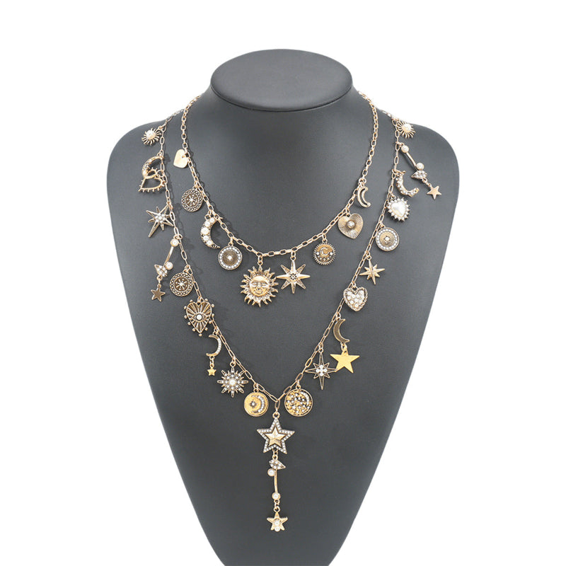 Multi‑Layer Celestial Charm Diamond Necklace, Sun Moon Star Pendant Necklace